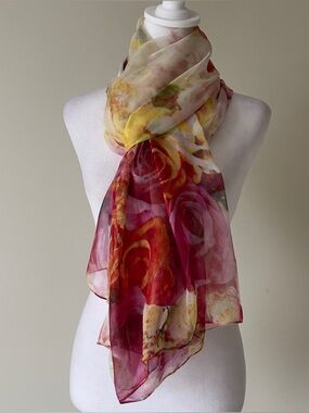 Floral Rose Print Silk Mix Sheer Scarf in Red and Yellow EUC